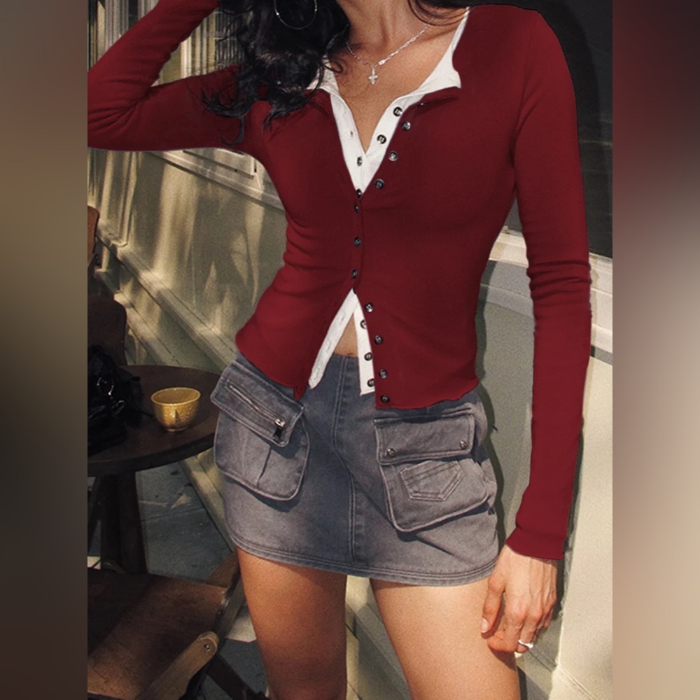 COMMENSE 2 in 1 Button Jersey Blouse - size Small